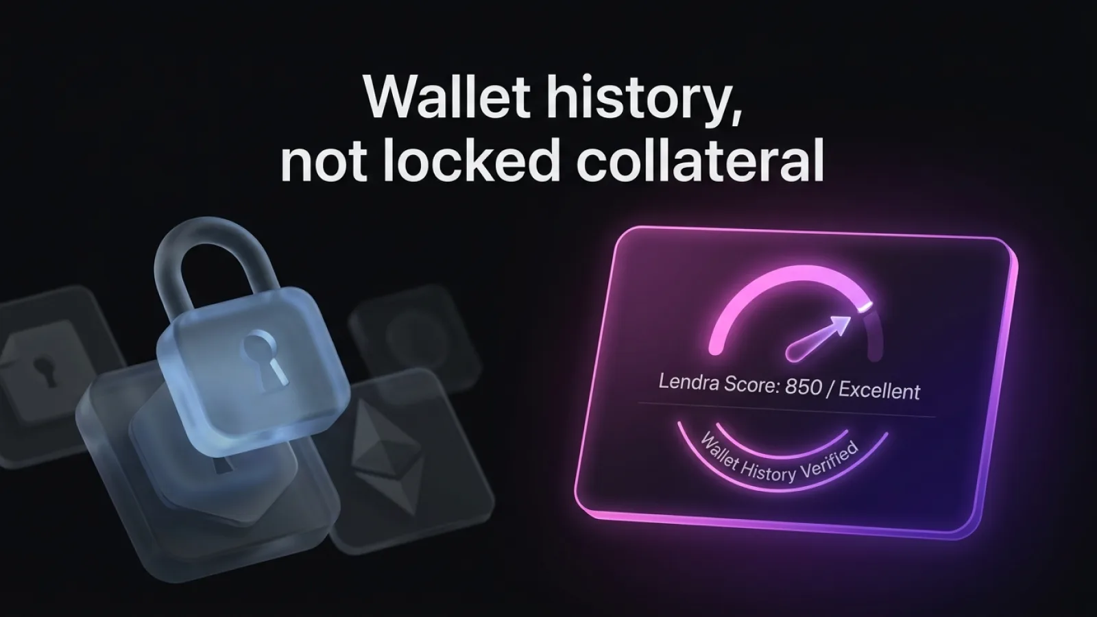 A dark-mode fintech graphic comparing locked DeFi collateral to a glowing Lendra Score UI card, illustrating wallet-based credit.
